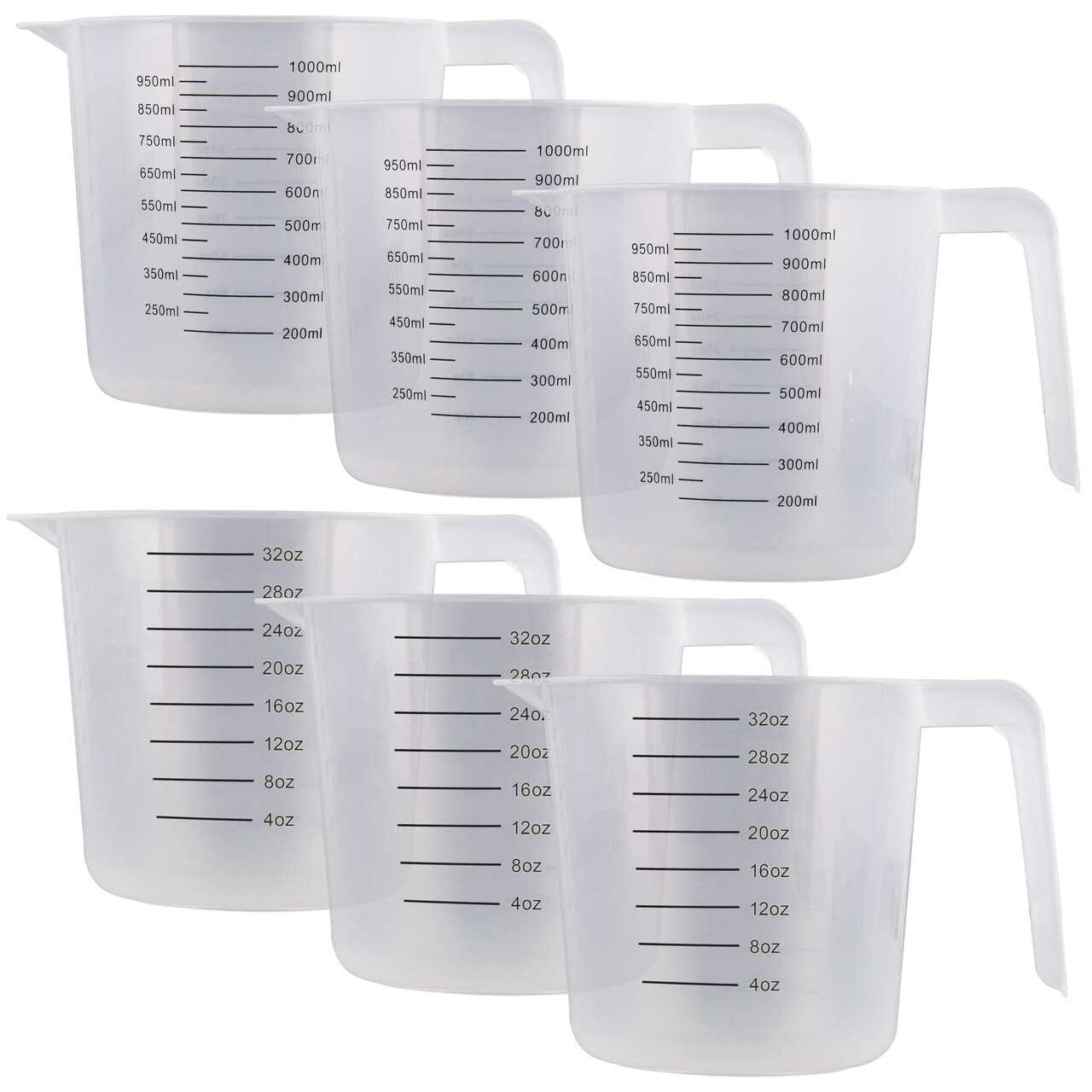 U.S. Kitchen Supply 6 Pack Plastic Measuring Cups with Handles - 32 oz Liquid Measuring Cup, Clear Microwave Safe Kitchen Cups - Measure in mL or Ounces, Measurement Cup for Cooking